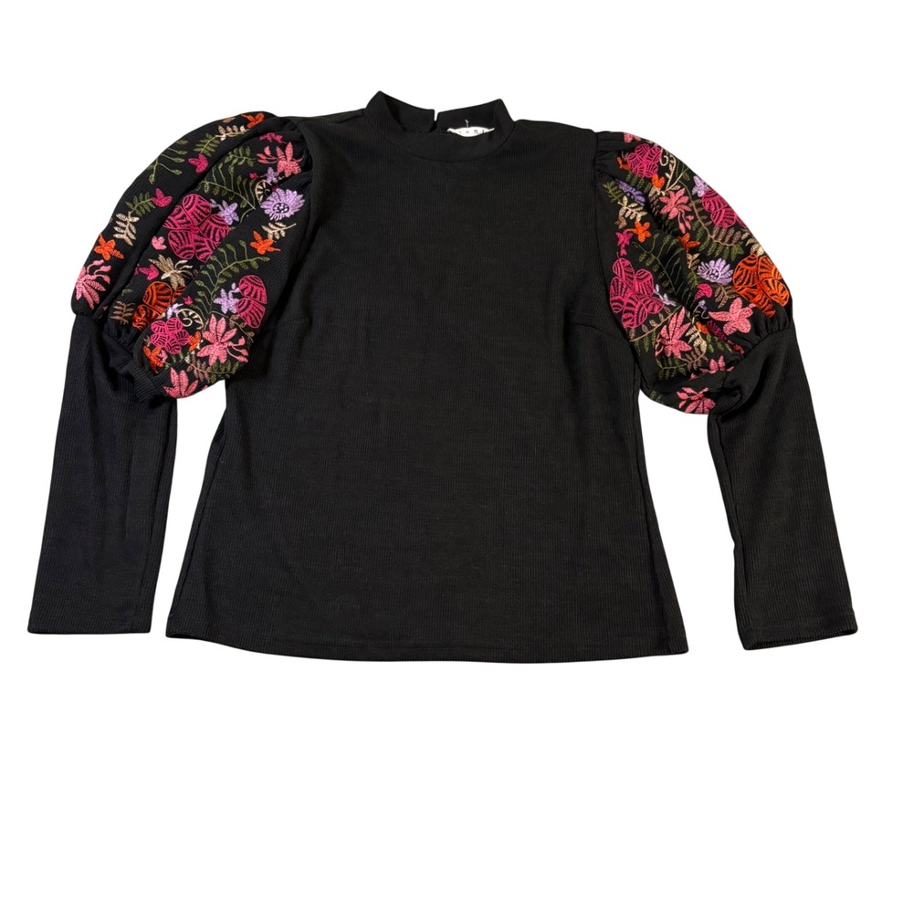 THML Womens L Black Sweater NWT Embroidered Floral Puff Sleeve Mock Neck Boho